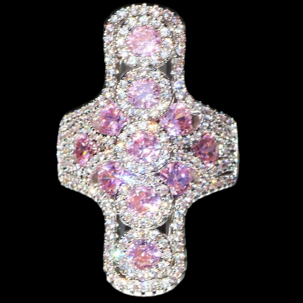 925 Silver Pink Cross Zircon Statement Ring - Picture 11 of 12